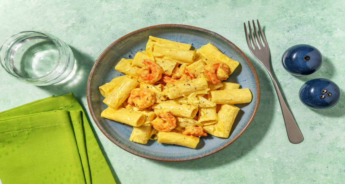 Rigatoni con langostinos en salsa cremosa de curry