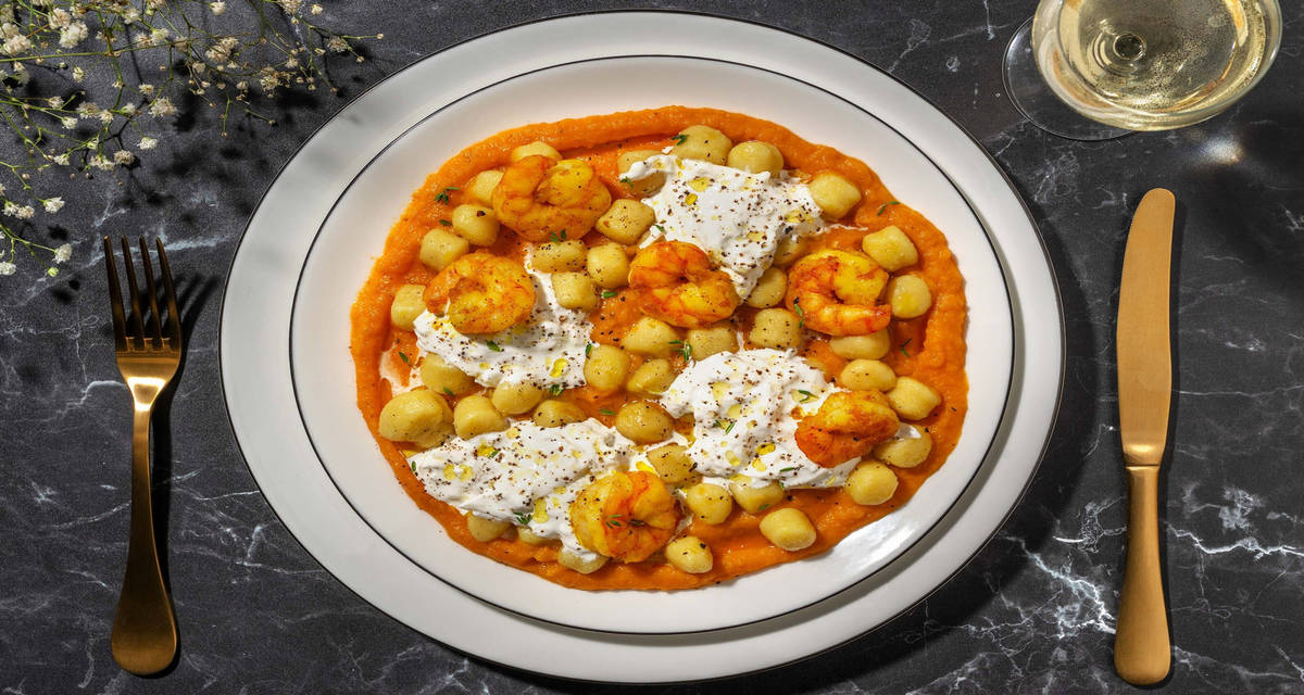 Gnocchetti alle mazzancolle e burrata con crema di zucca, scalogno e timo limonato