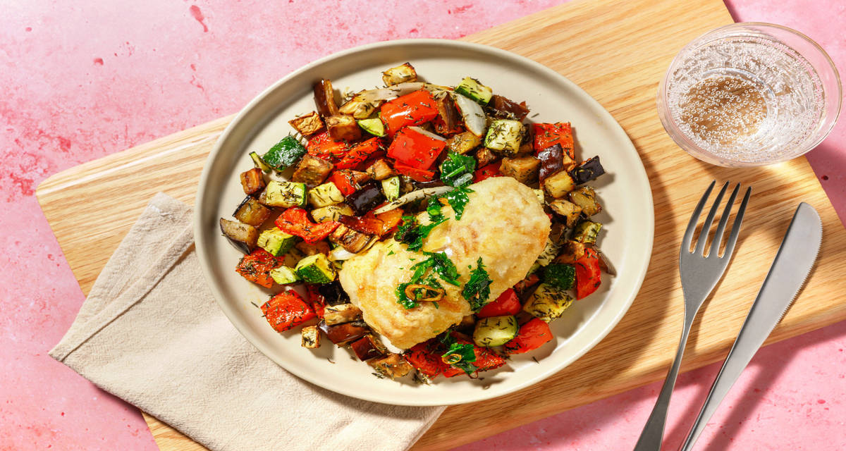 ¡Todo al horno! Bacalao con aceite de perejil y ajo asado sobre verduritas al tomillo