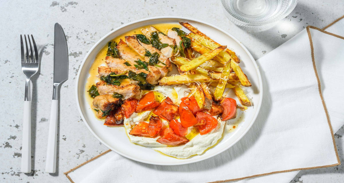 Fläskkotlett i citron- och basilikasås med vispad ricotta och rostade tomater