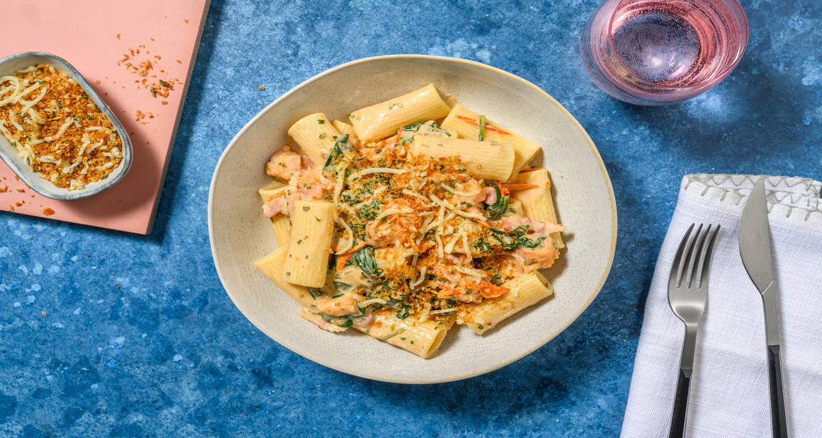 Creamy Bacon Pasta with cherry tomatoes and herby pangrattato
