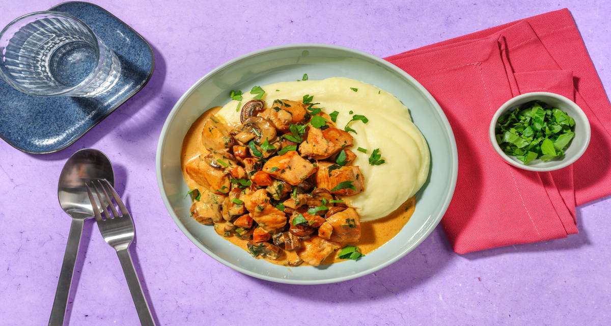 Chicken Stroganoff with Bacon with mushrooms and creamy mash