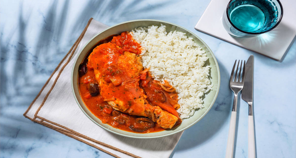 Poulet Label Rouge façon basquaise & légumes avec des olives & des herbes de Provence