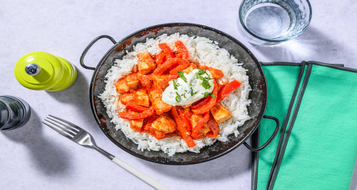 Chipotle Spiced Chicken and Pepper Stew with garlic rice and creme fraiche