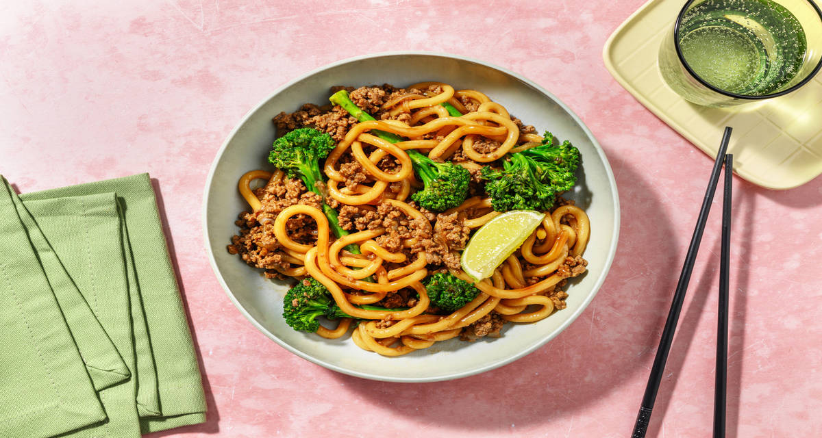 Hoisin Beef Udon with stir-fried broccolini