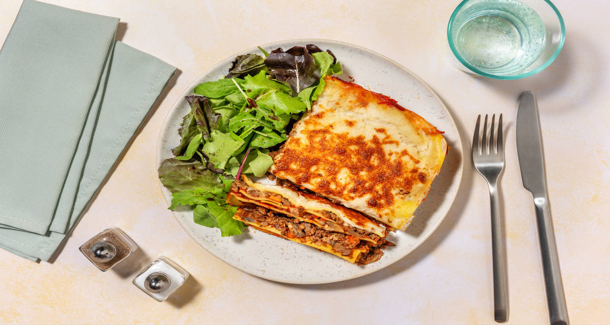 Le Végé : Lasagne cheesy au haché végétal avec du gouda & des champignons de Paris