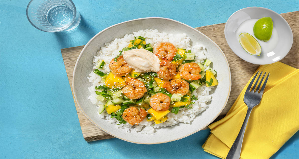 Spicy Bowl : crevettes dorées, citron & mangue garni de riz complet précuit & de coriandre