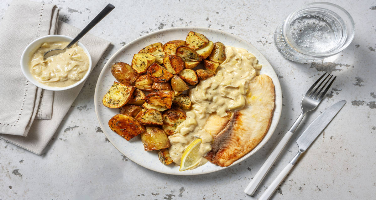 Filet de lieu & grenailles rôties au thym avec du citron & du poireau