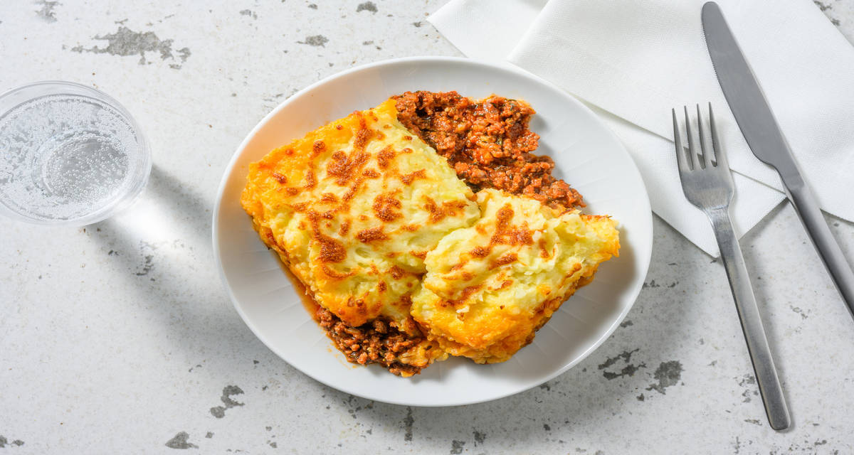 Parmentier de bœuf & purée de chou-fleur avec du thym & du gouda râpé