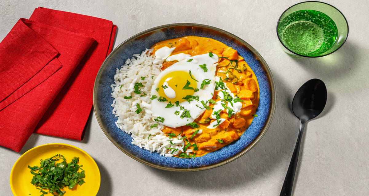 Curry jaune patate douce & épinards avec du riz & une sauce yaourt