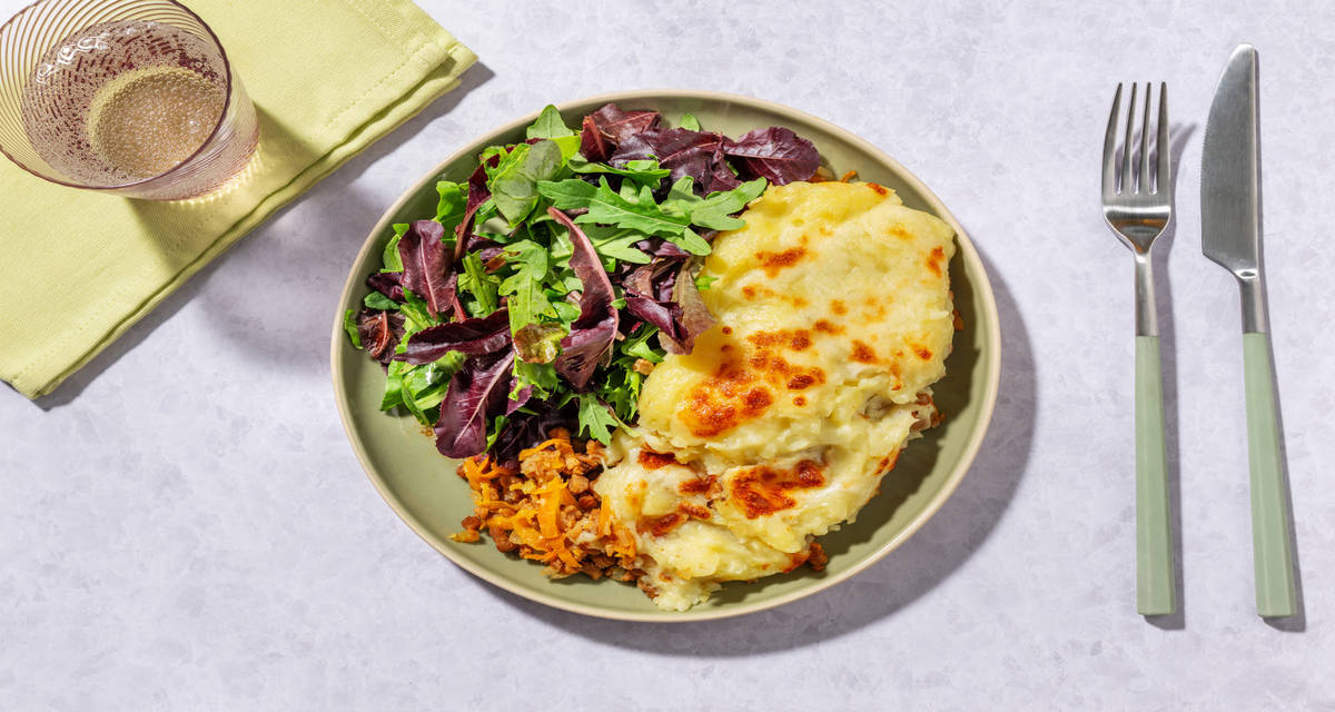 Le Végé : Shepherd's Pie au haché végétal avec une sauce tomatée & du cheddar