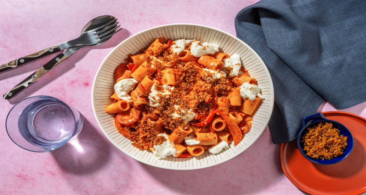 Speedy Pepper and Harissa Rigatoni with spicy pangrattato