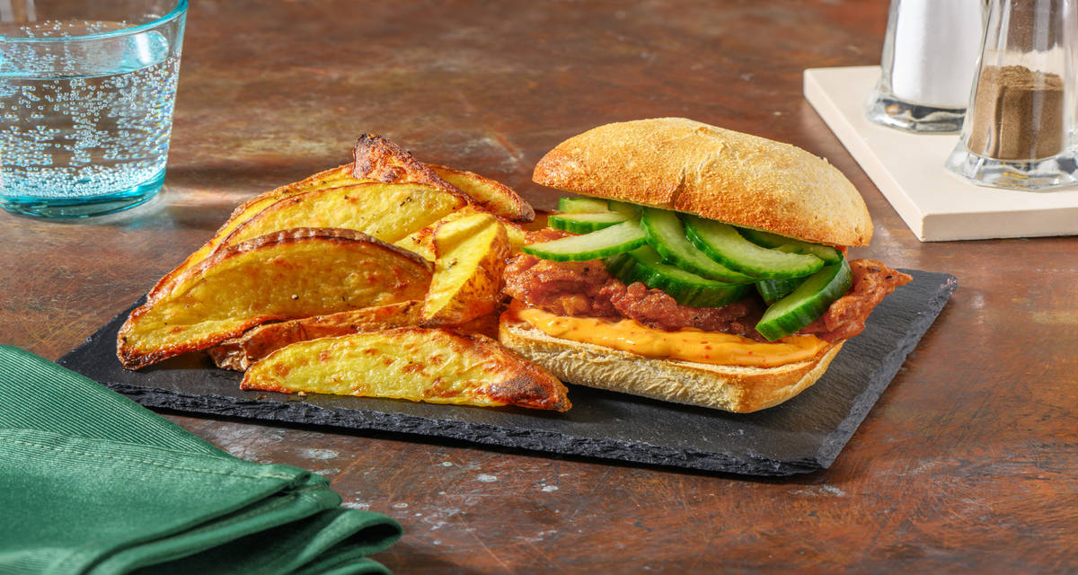 Bocadillo de pollo frito picante en pan de cerveza con pepinillos caseros y patatas al horno