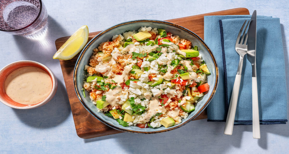 Greek Style Cheese and Bulgur Salad with Chicken with cucumber, tomato and harissa aioli