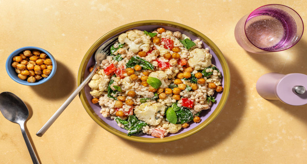 Roasted Chickpea and Cauliflower Salad with pearled couscous and lemony tahini dressing