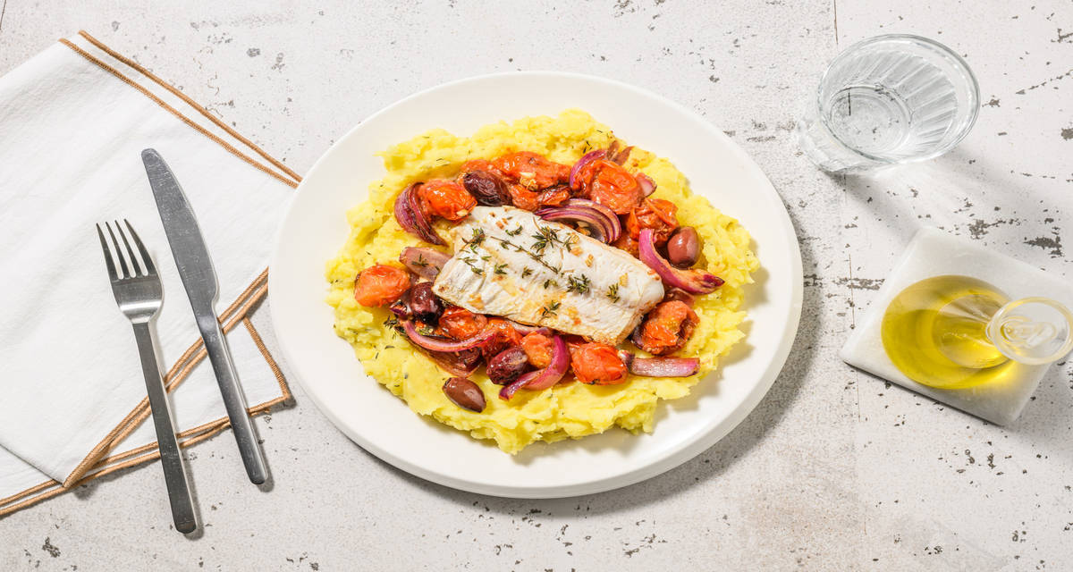 Lieu doré, purée & tomates cerises confites avec du thym & des olives Kalamata