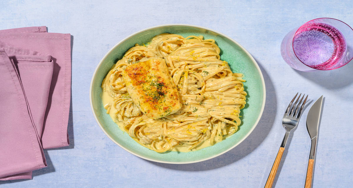 Linguine à la crème d'aneth & poisson au curry avec du poireau & fromage frais