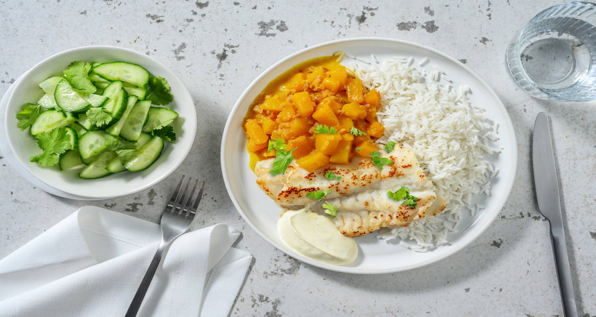 Lieu noir doré & chutney de mangue maison avec de la coriandre & une salade de concombre