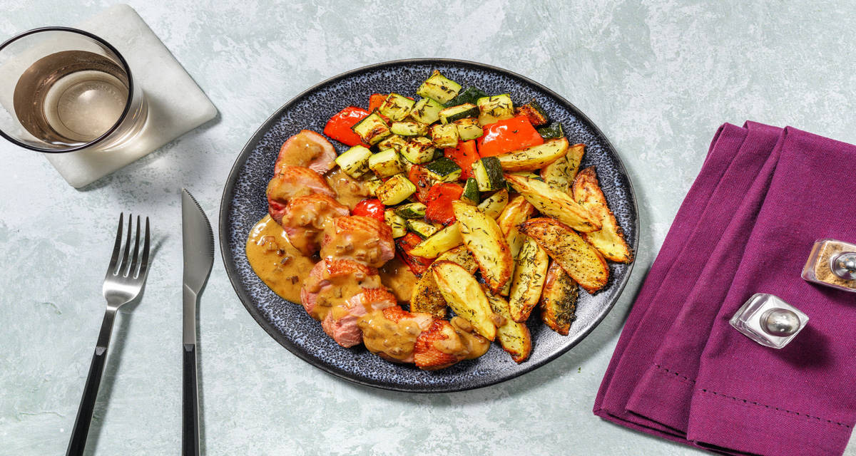 Canette grillée, thym & potatoes avec une sauce miel-moutarde & des légumes rôtis