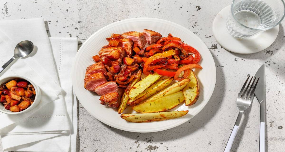 Canard grillé & compotée de prunes au paprika avec des légumes à la provençale