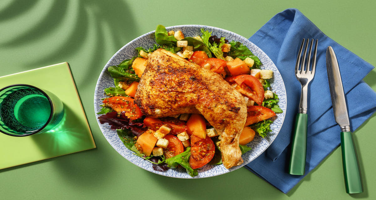 Poulet Label Rouge BBQ & salade panzanella avec du melon & des croûtons à l'origan