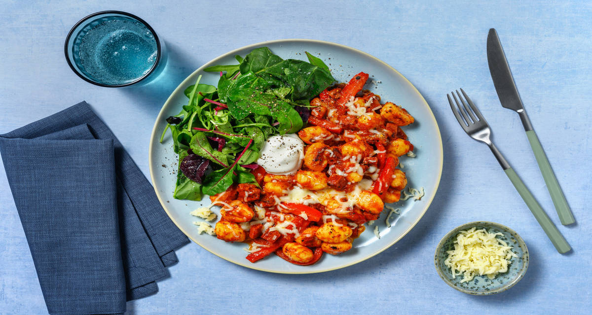 Hot Gnocchi au chorizo & épices mexicaines avec du cheddar & du yaourt à la grecque