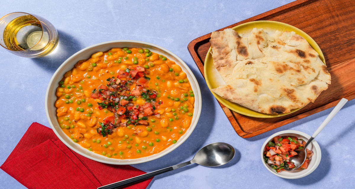 White Bean and Pea Curry with Paneer with tomato onion salsa and naan