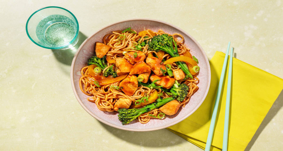 Stir-fried Teriyaki Chicken Noodles with Veg Gyoza with broccolini and bell pepper