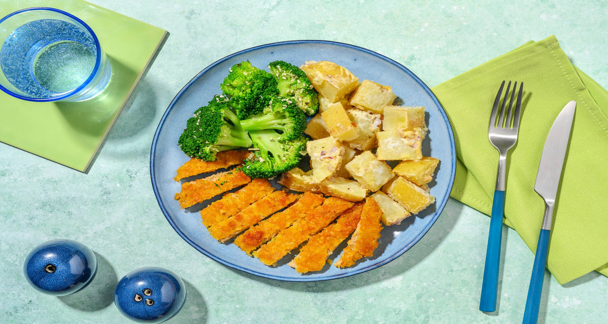 Schnitzel végé & brocoli sauté salade de pommes de terre relevée et graines de sésame