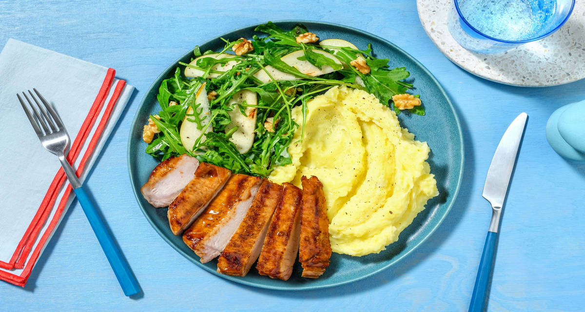 Franskt honungs- och senapsglaserat fläsk med valnöts- och päronsallad