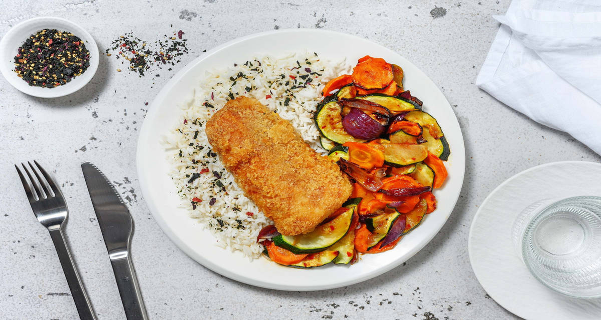 Pangasius au panko & légumes laqués sauce soja riz ail-gingembre et furikake