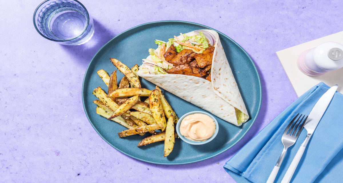 Wraps på vegostrimlor med za'atar-pommes och srirachamajonnäs