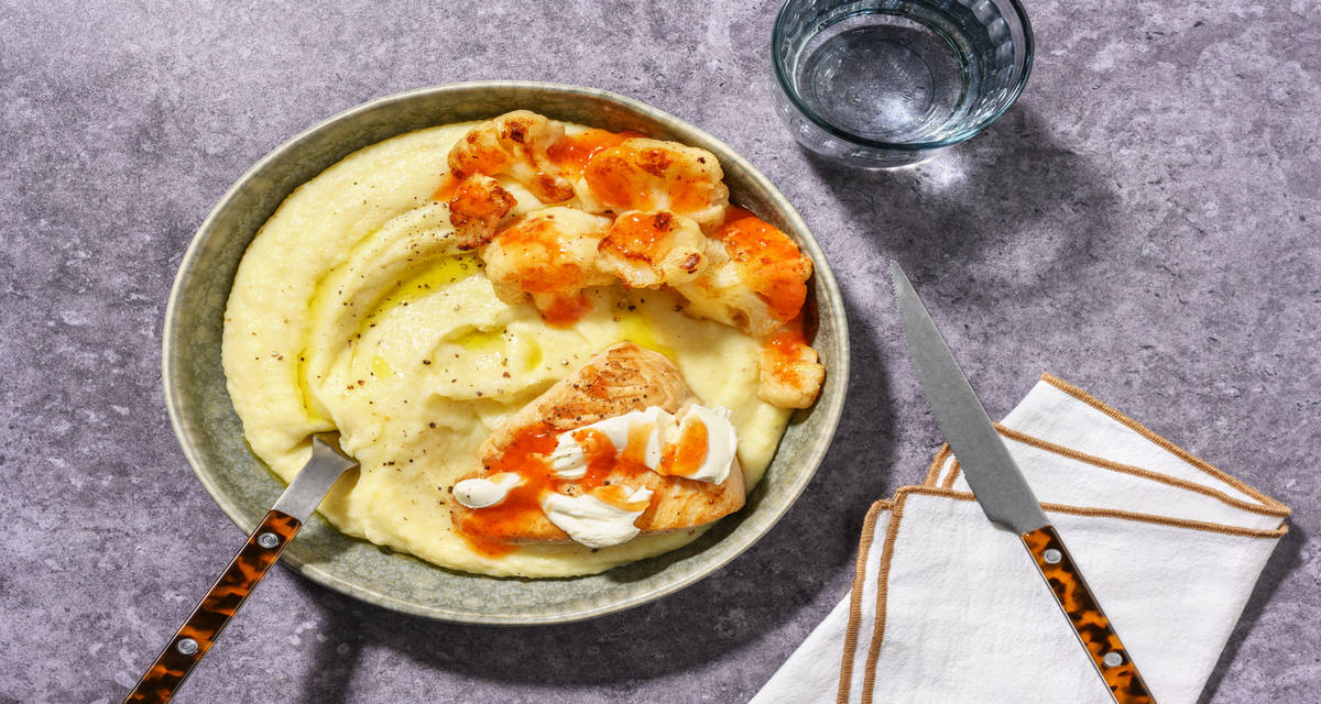 Pollo con salsa de membrillo con puré de coliflor y patata