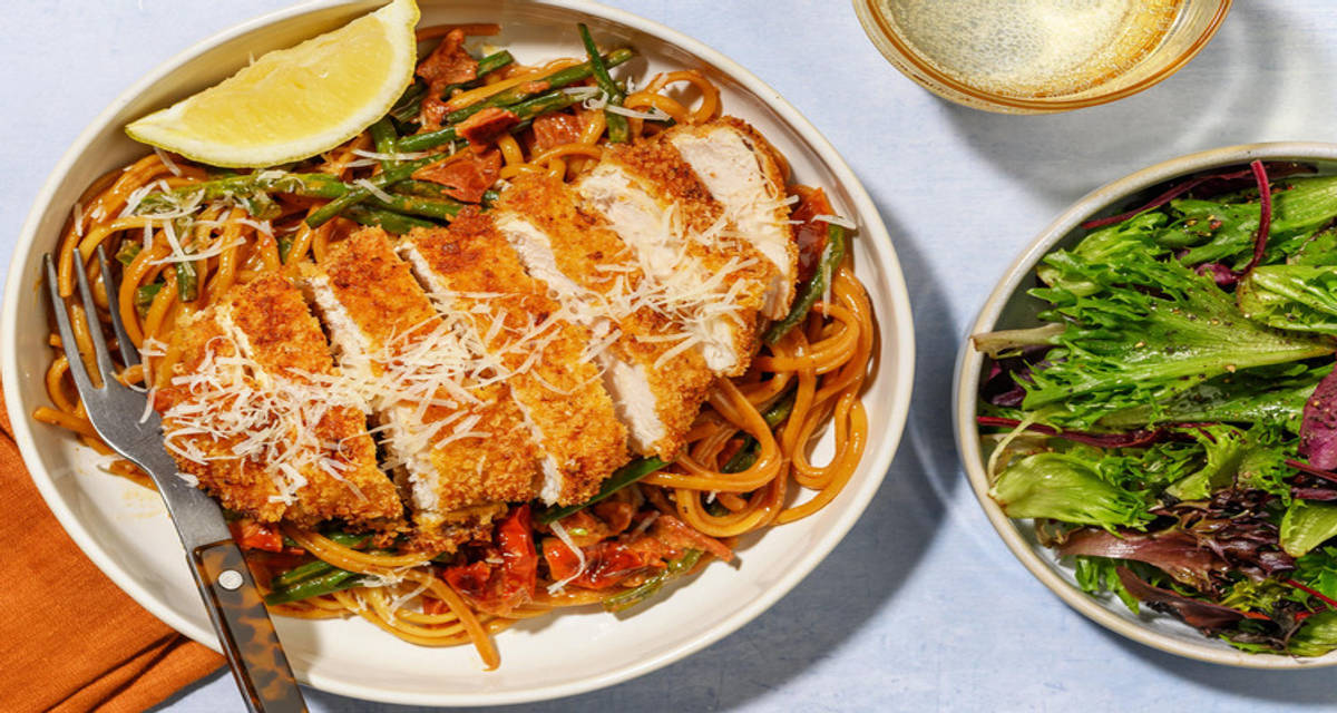 Milanesisk kycklingpasta med haricots verts och soltorkad tomat
