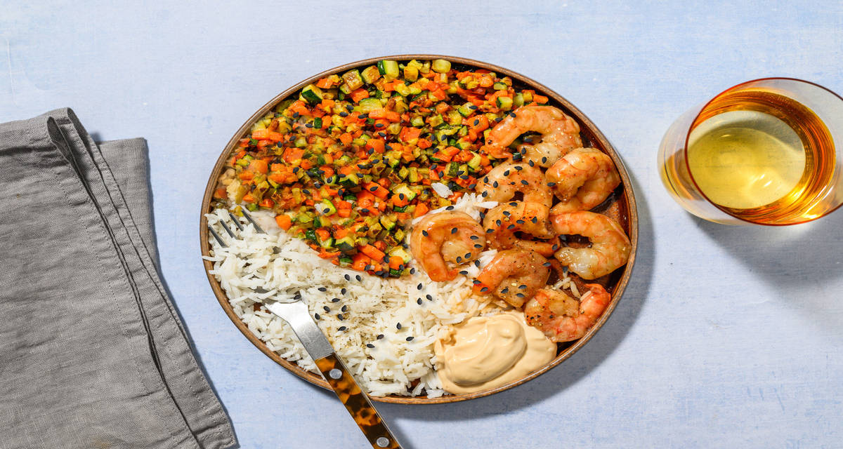 Poke tibio con extra de langostinos en salsa teriyaki con verduras salteadas y mayonesa asiática