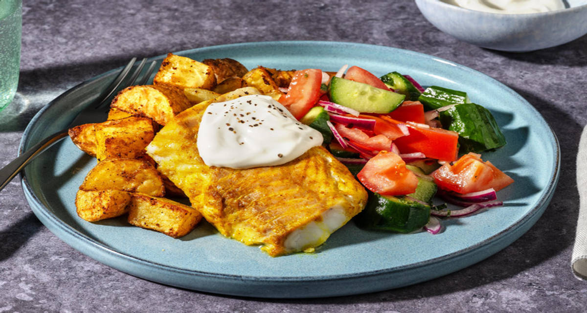 Indisk krydret torsk med tomatsalat og ingefær-korianderkartofler