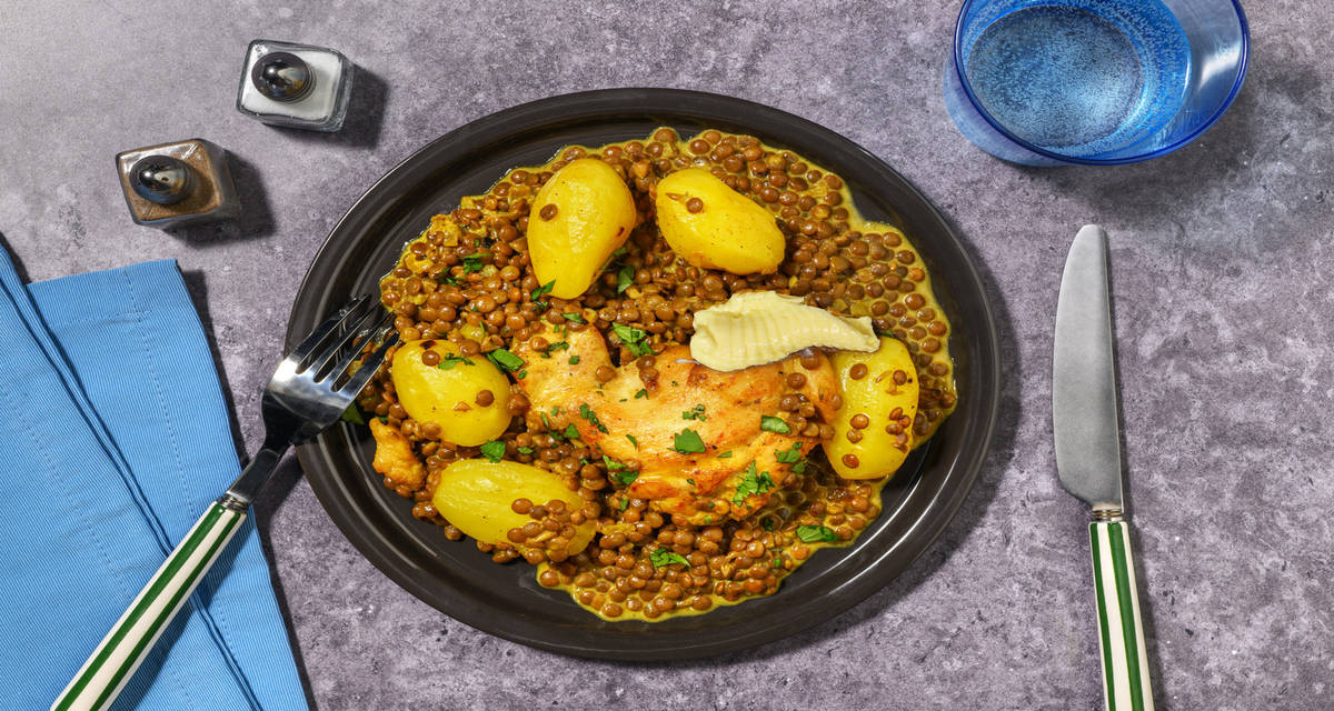 Vindaloo curry di pollo tenero al cumino e zenzero con lenticchie, patate precotte e latte di cocco
