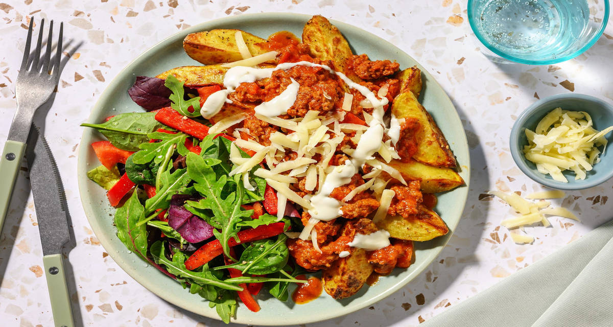 'Cheesy' oksekødstoppede kartofler med hvidløgsfraiche og blandet salat