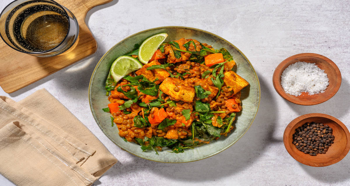 Spinach and Tofu Dahl with Falafel with coriander and lime
