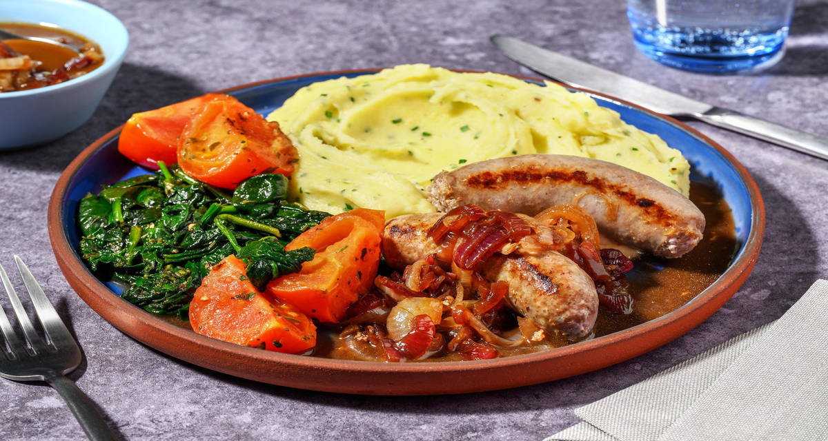 Aiguillettes de poulet & purée à la ciboulette épinards et tomate à l'ail, chutney d'oignon