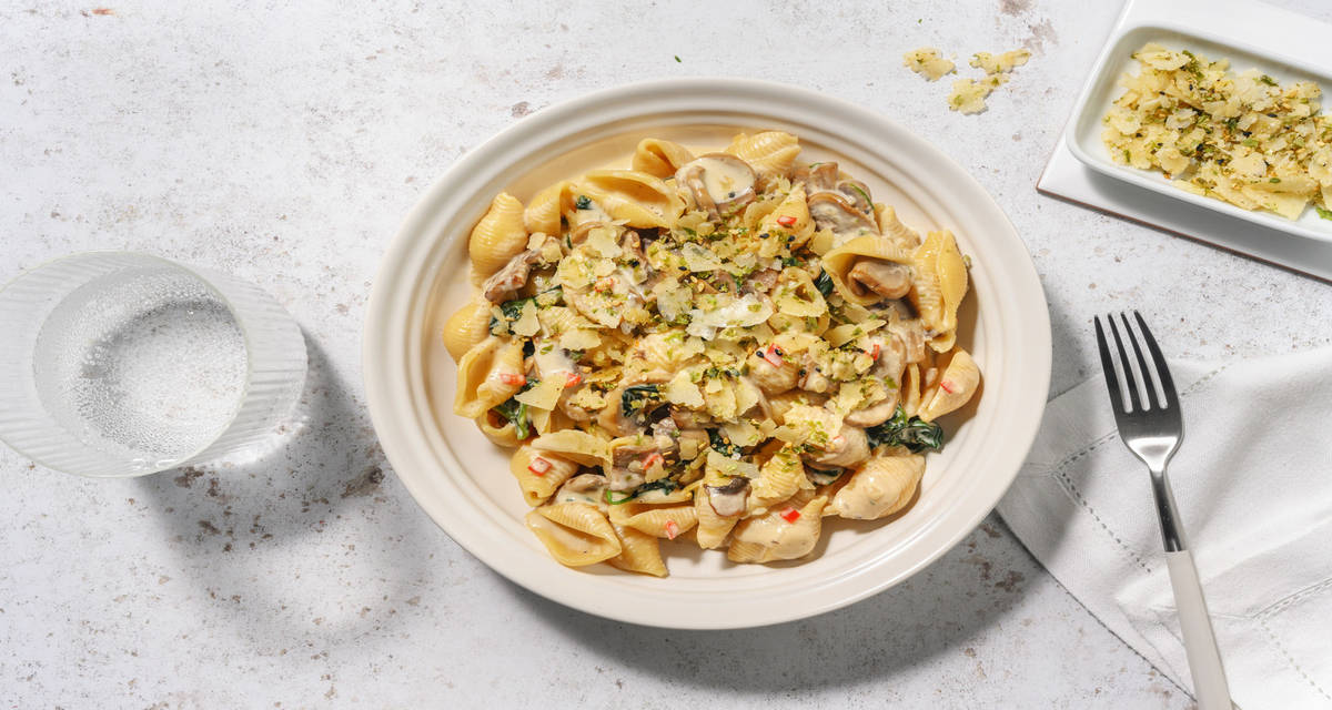 Conchiglie aux champignons au miso épinards, Grana Padano et gomasio