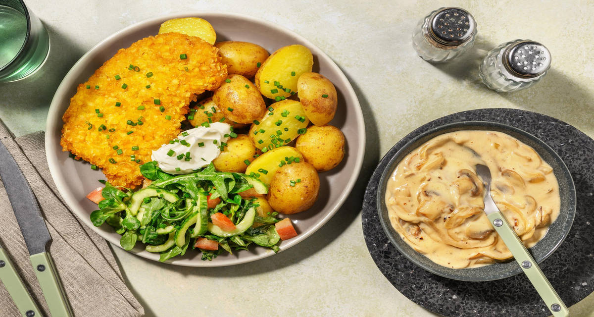 Schnitzel végé en sauce crémeuse aux champignons grenailles et salade de concombre-tomate