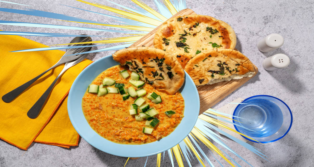Eldig linsdhal med örtpita och svalkande gurka inspirerad av Numel