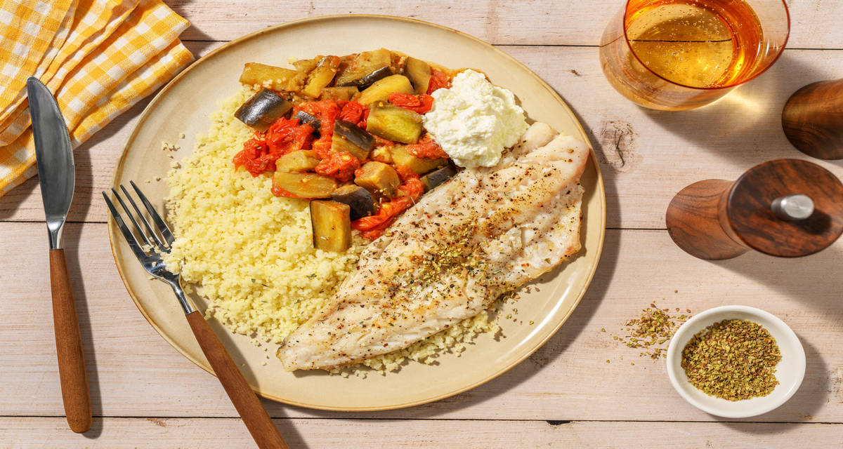 Filetto di orata e couscous di verdure alla Norma con melanzane, pomodorini e crema di ricotta