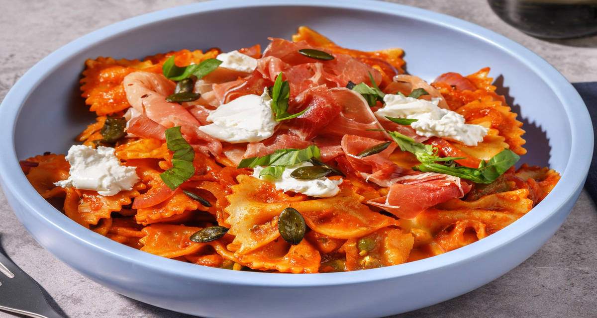 Pasta caprese met serranoham met rode pesto en pompoenpitten