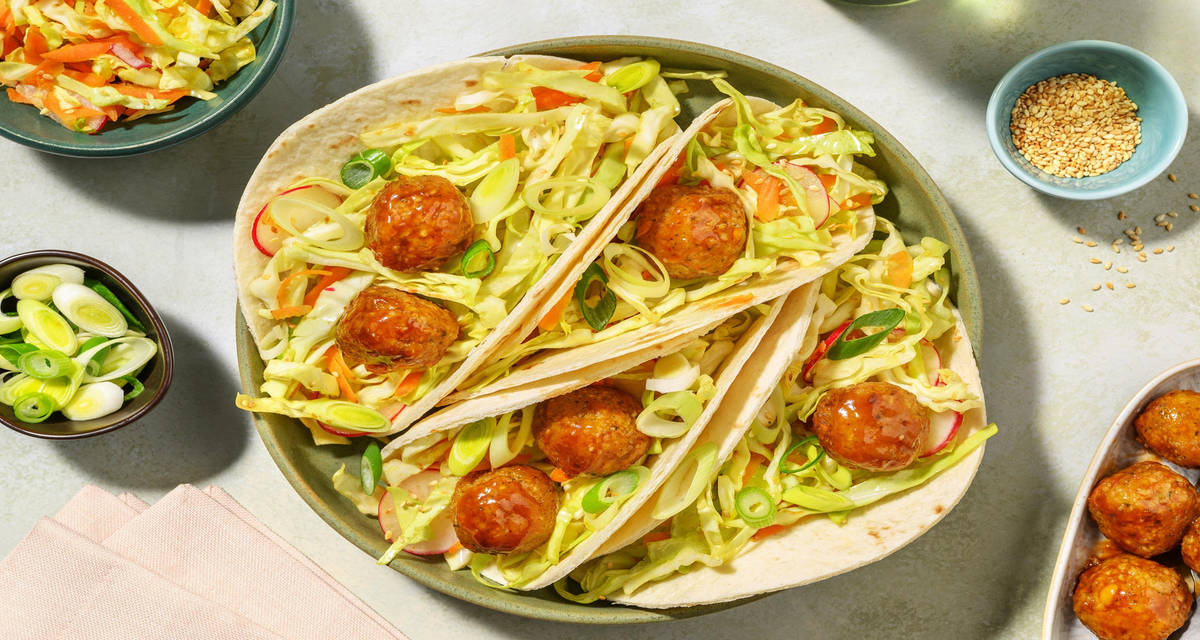 Glazed asian falafel tacos with cabbage slaw and asian mayo