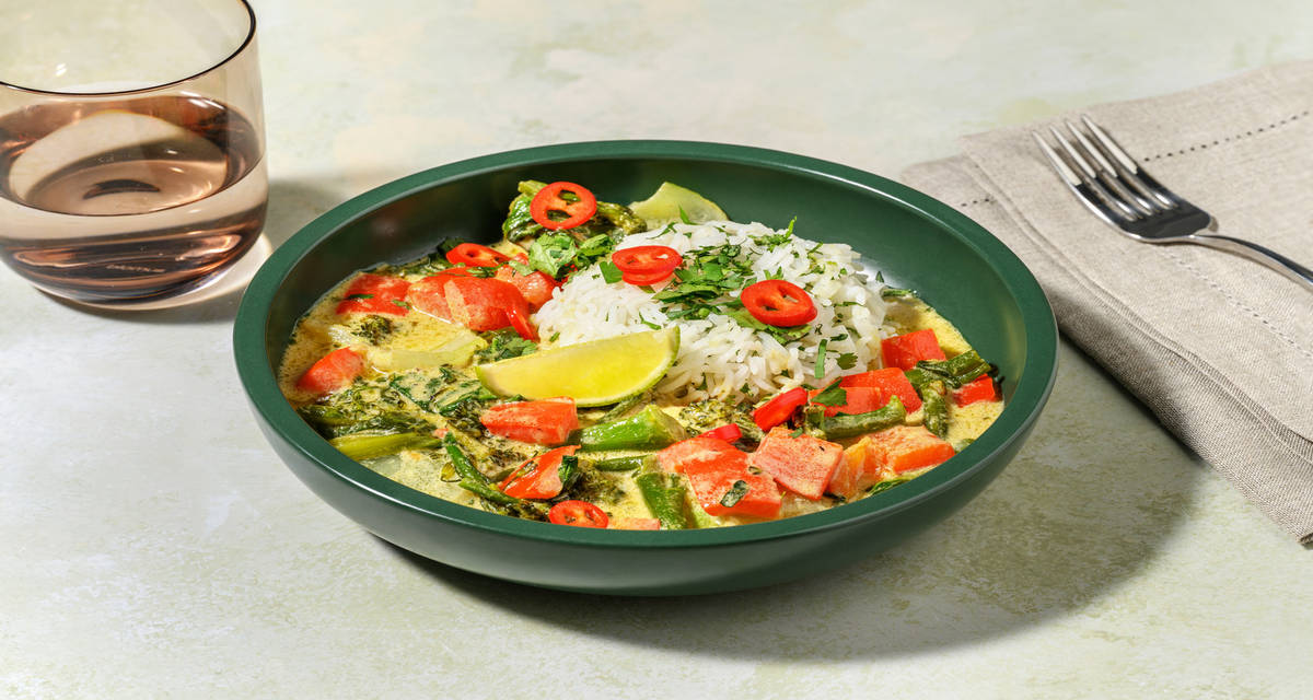 Green Thai Veg Curry with Tofu with coriander and fragrant jasmine rice