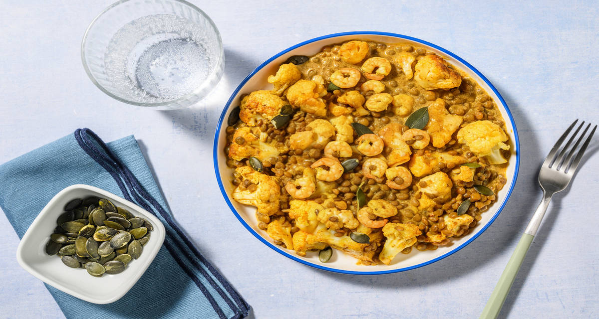 Gamberetti e lenticchie alle spezie tandoori con cavolfiore, latte di cocco e semi di zucca