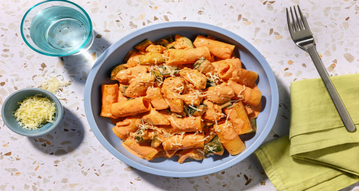 Creamy Chicken Pasta with courgette and sun-dried tomato sauce