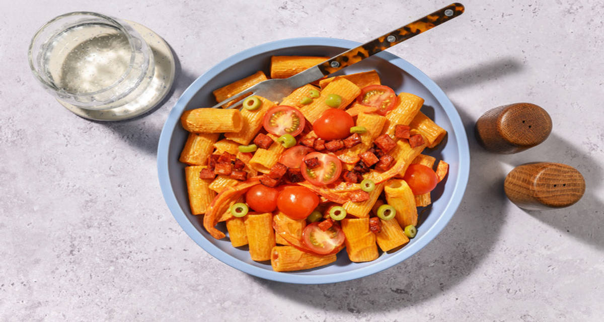 Chorizo and Olive Rigatoni with bell pepper and cherry tomatoes